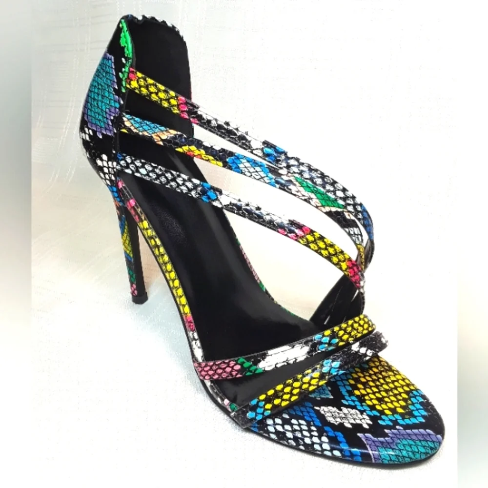 Heels Open Toe Women Shoes Rainbow Faux Snakeskin Strap Fashion Shoes Size 38 - Picture 2 of 10